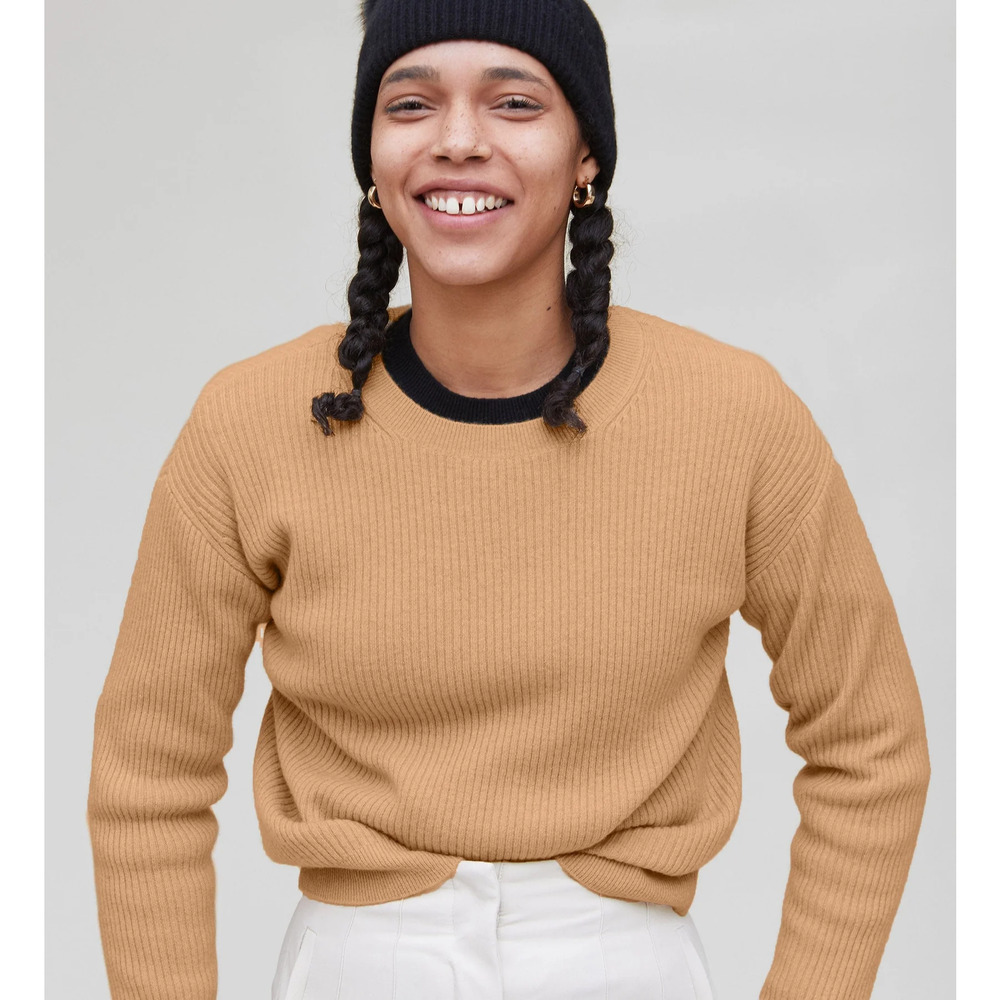 State Cashmere Long Sleeve Ribbed Crewneck Pullover Sweater Camel Women's Medium